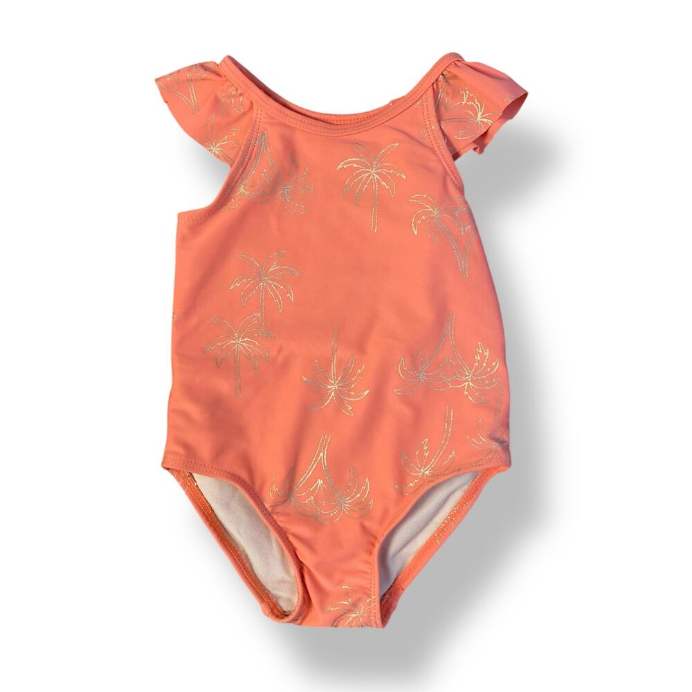 Tea Collection Girls Coral Pink Palm Tree Ruffle One Piece Swim Suit Size 2T
